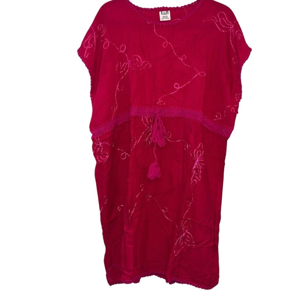 NWT Aloha Pink Embroidered Tunic XL Boho Cover‎ Up Mini Dress Tassel Beach